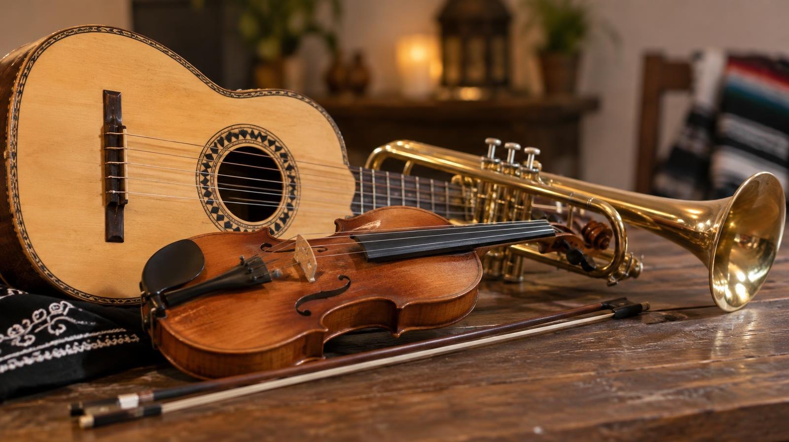 A vihuela, violin, and trumpet arranged together on a wooden surface.