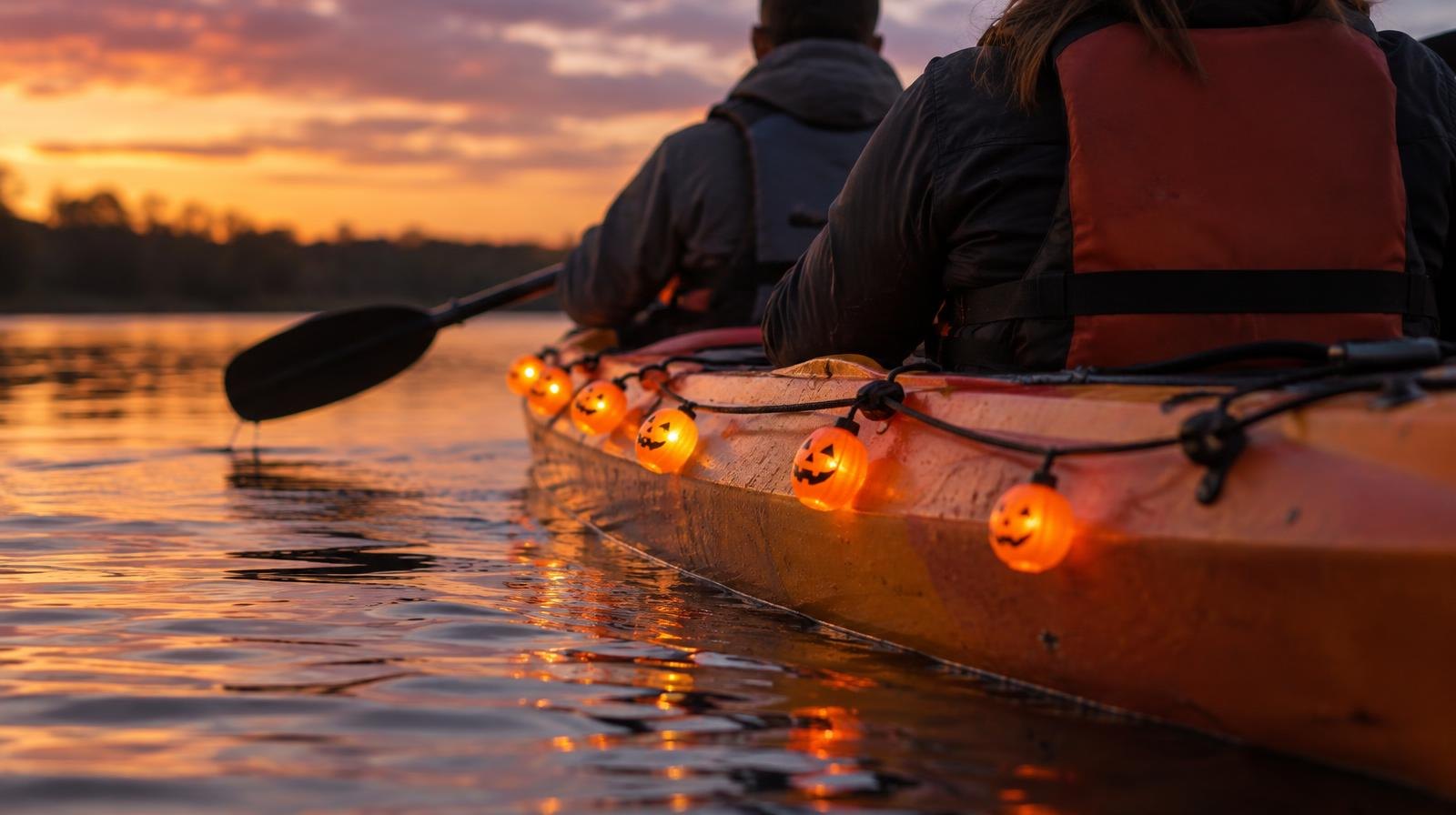 A tandem kayak with orange Halloween lights on a calm waterway at dusk.