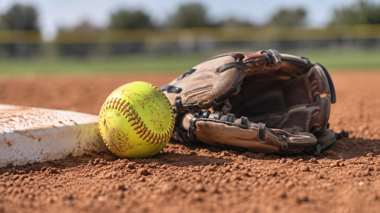 A yellow softball and leather glove resting on red clay dirt beside a base.