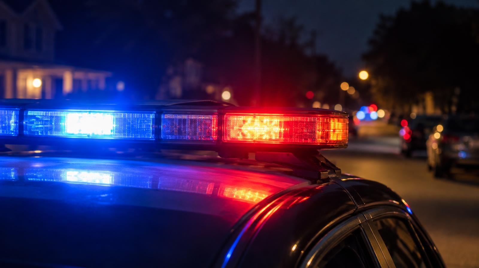 Red and blue police emergency lights illuminated on a car roof at night.
