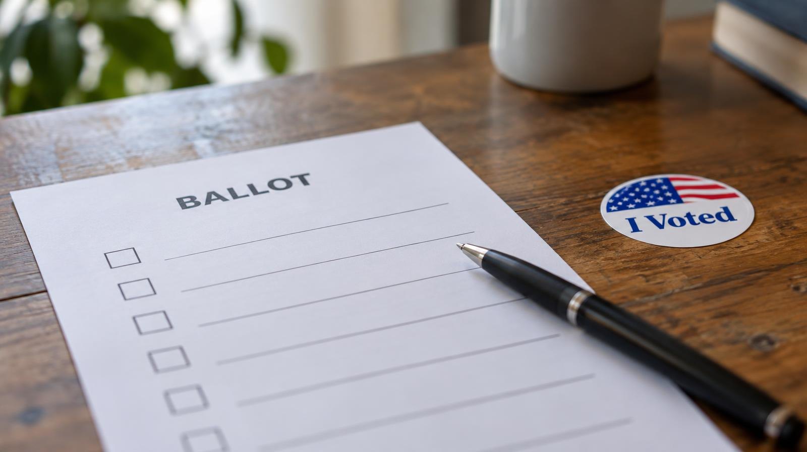 A paper ballot and pen on a wooden surface beside an I Voted sticker.