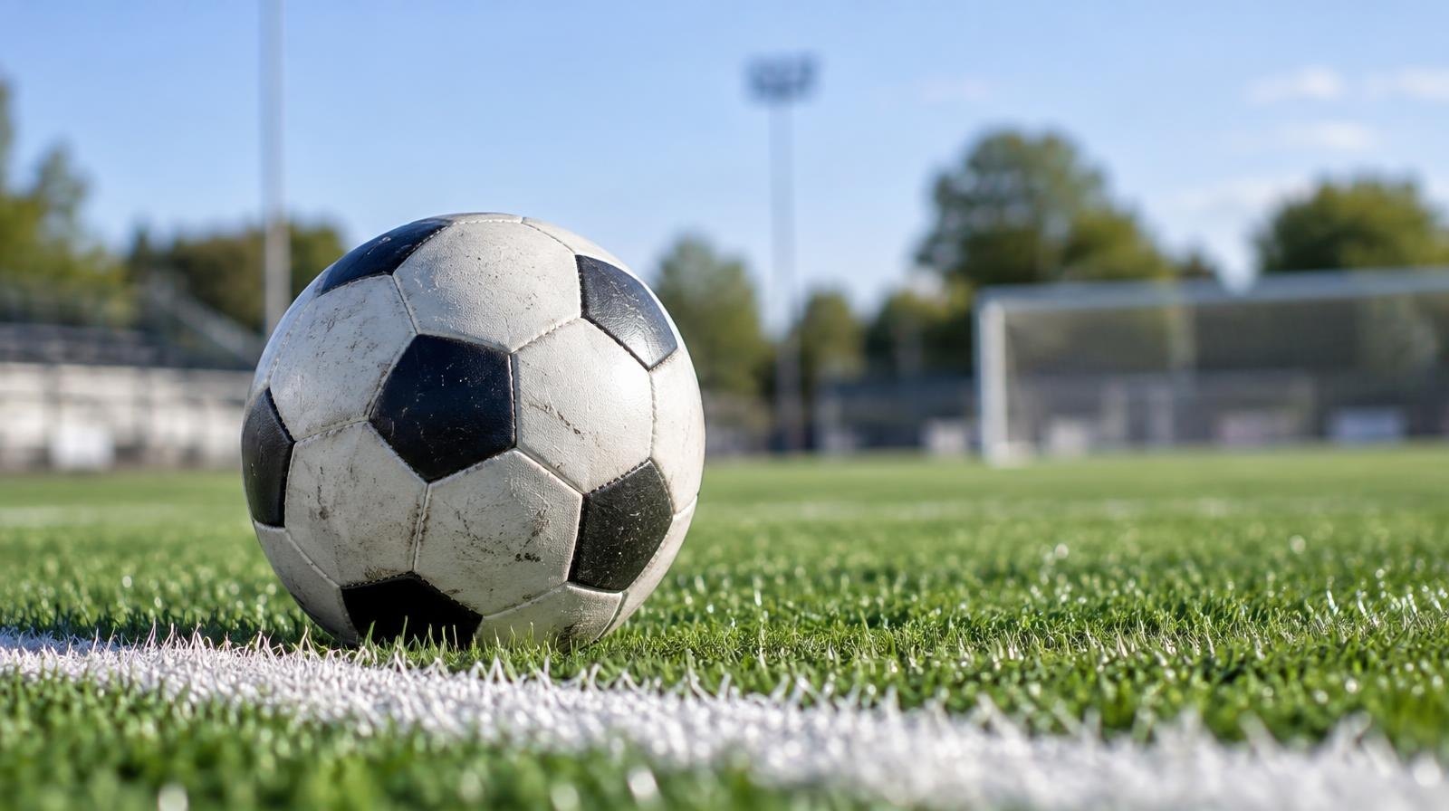 A black-and-white soccer ball resting on bright green artificial turf near a white sideline.