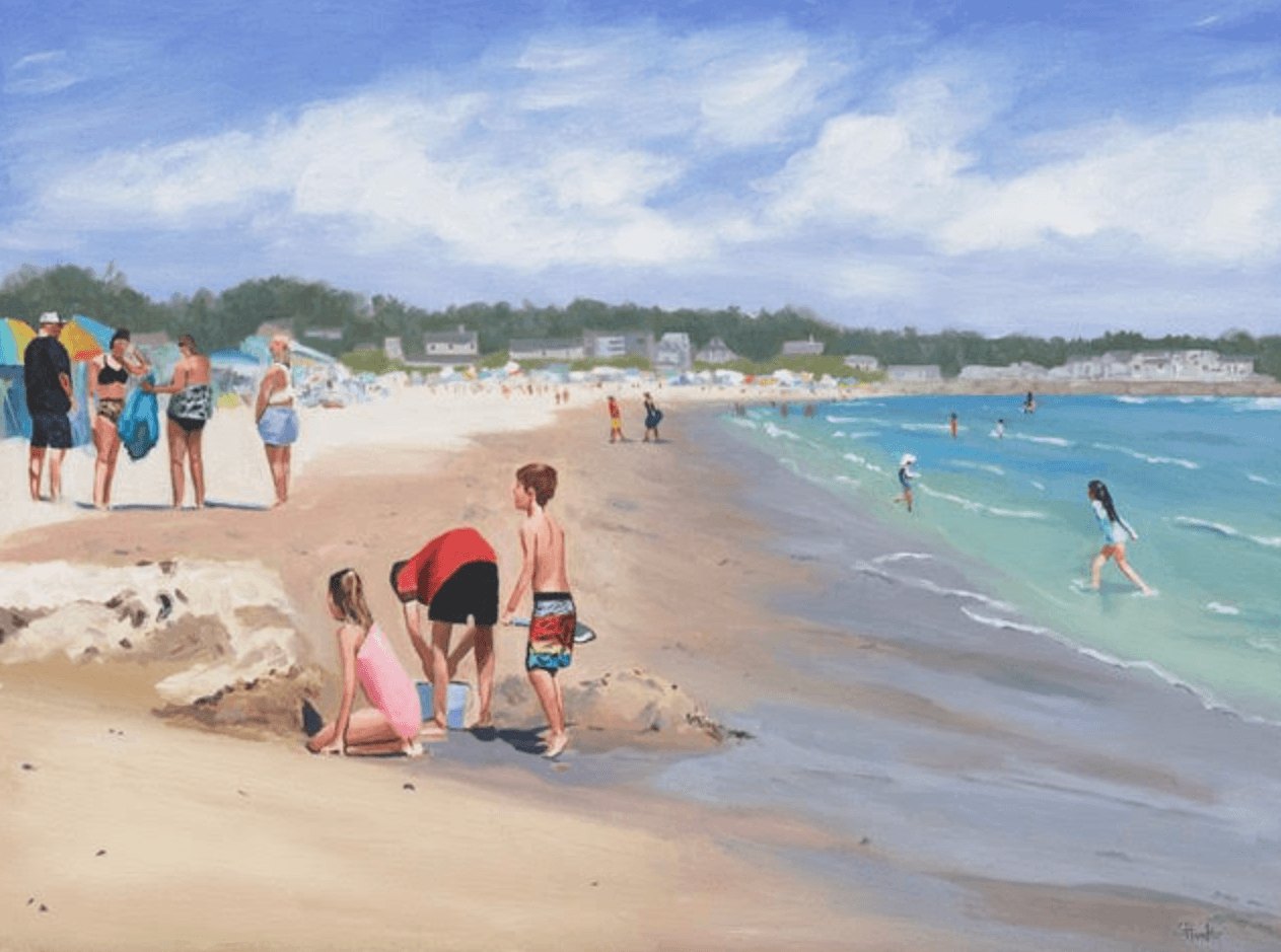 Oil painting of beachgoers on a sandy shore with turquoise water and coastal houses in the background.