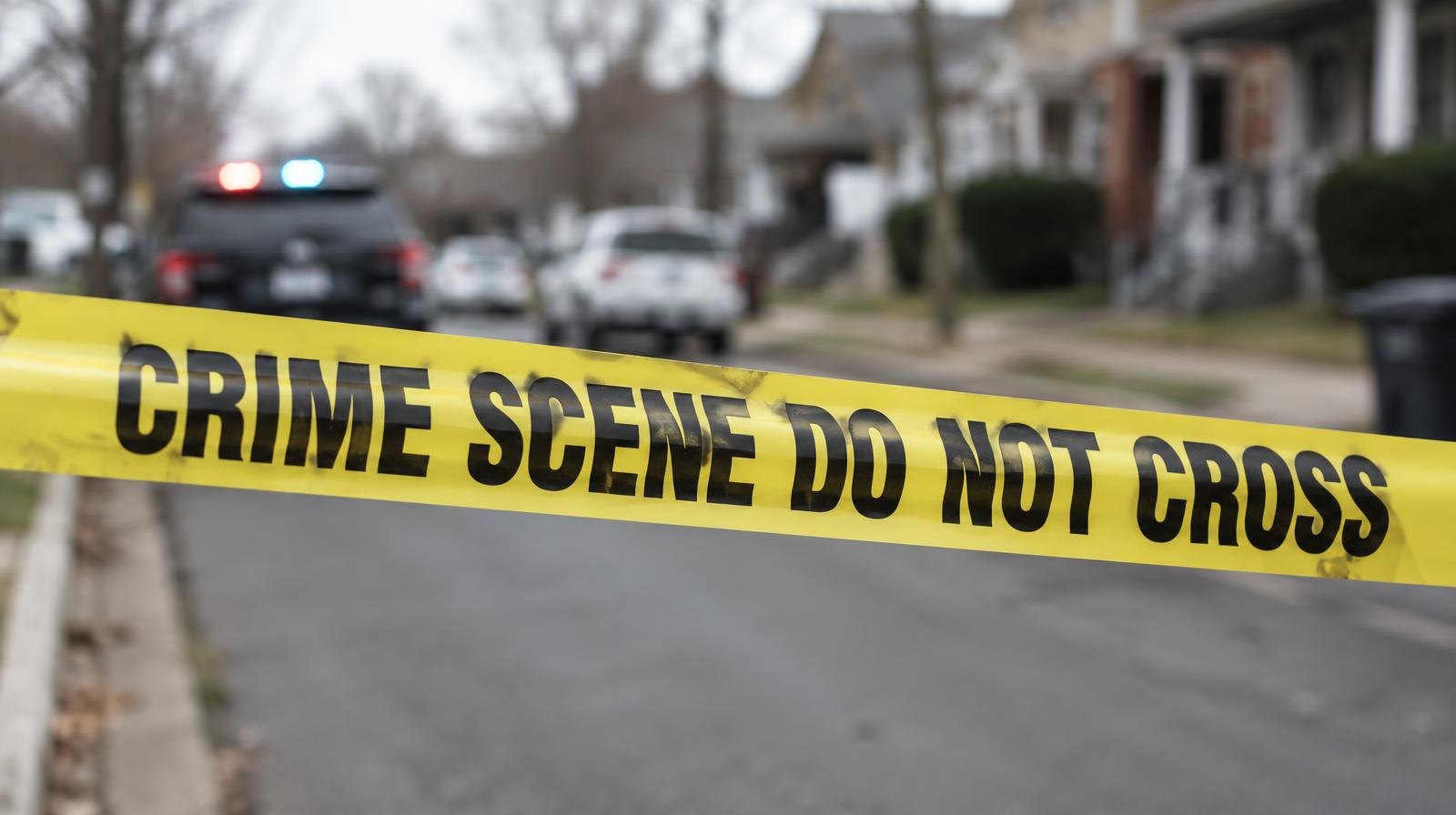 Yellow crime scene tape stretched across a residential street.