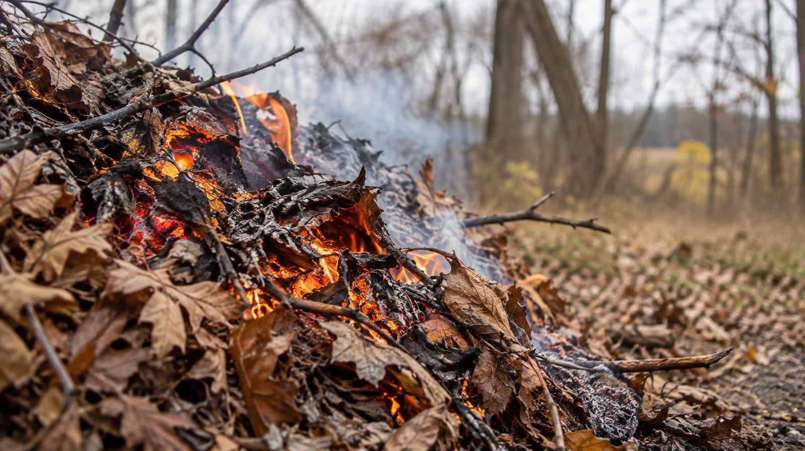 Dry autumn leaves and brush smoldering with orange embers near bare woodland trees.