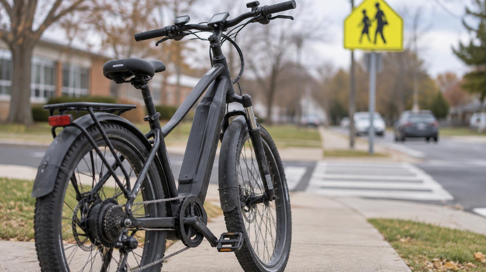 A black electric bicycle parked on a sidewalk near a school crosswalk sign.