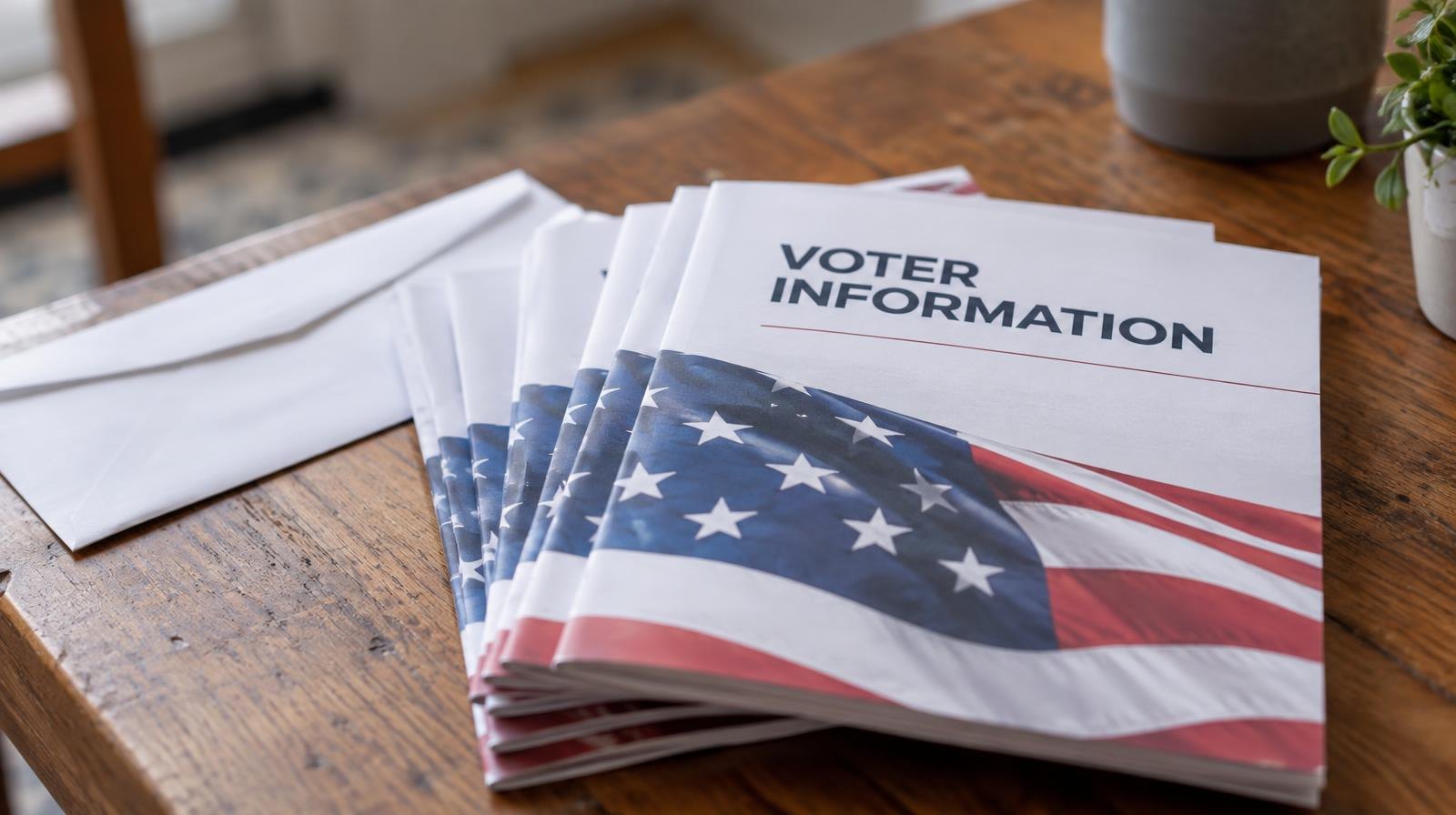 A stack of voter information booklets fanned out on a wooden surface beside a white envelope.