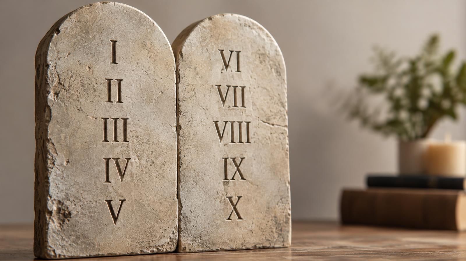 A stone tablet engraved with Roman numerals resting upright against a neutral background.