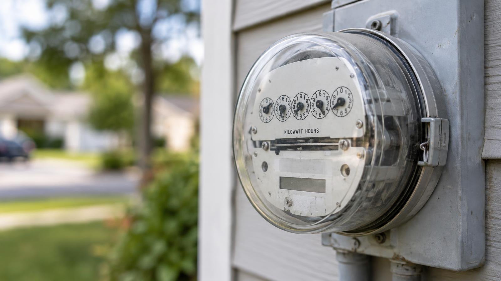 A round electric utility meter mounted on the exterior wall of a house.