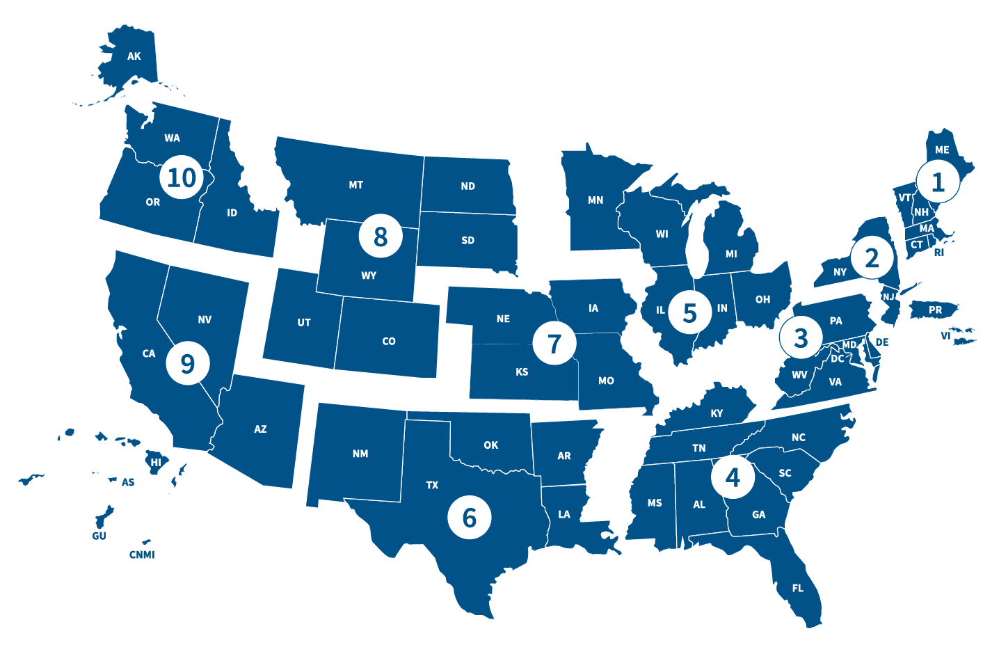 FEMA Regions map grouped by states and number