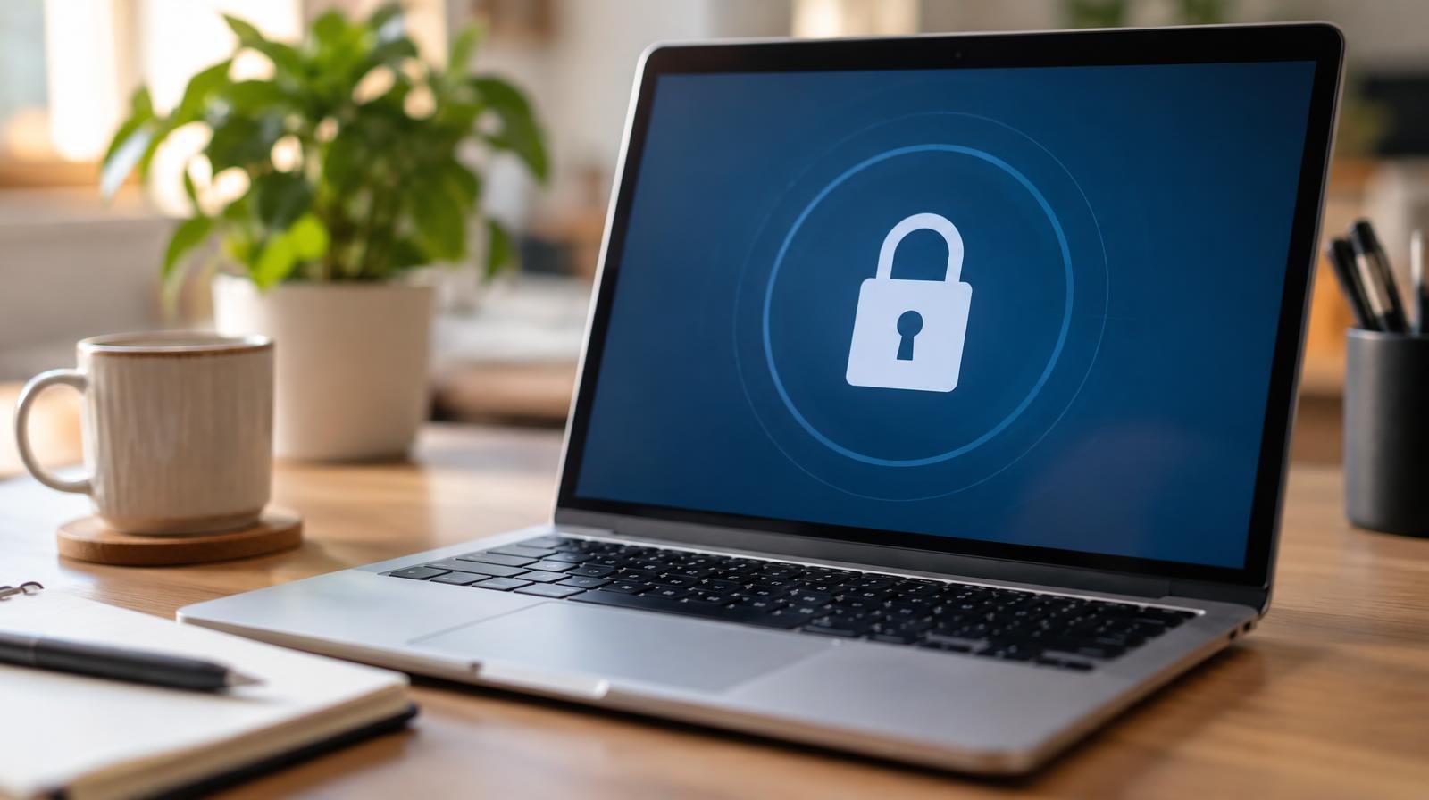 Open laptop on a desk displaying a padlock security icon.
