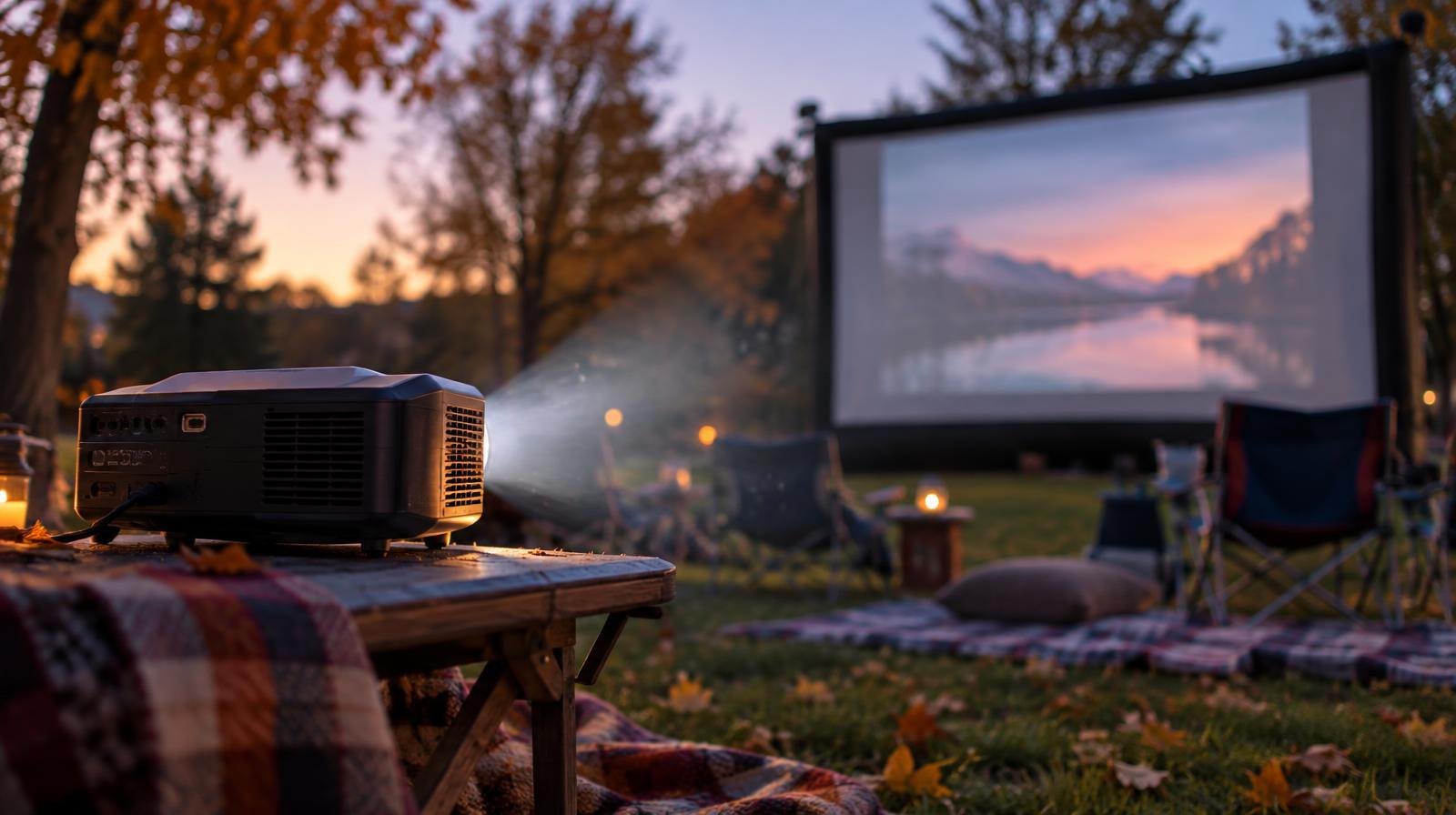 Outdoor movie projector casting light onto a white screen on a grassy lawn at dusk.