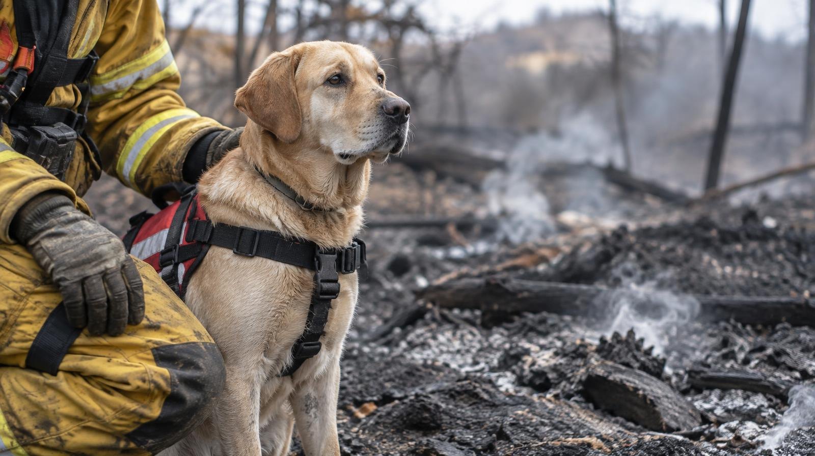 A dog wearing a working vest sits near blackened, ashy ground with wisps of smoke.