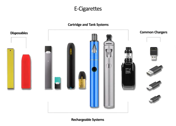 Labeled diagram showing disposable and rechargeable e-cigarette devices and chargers.