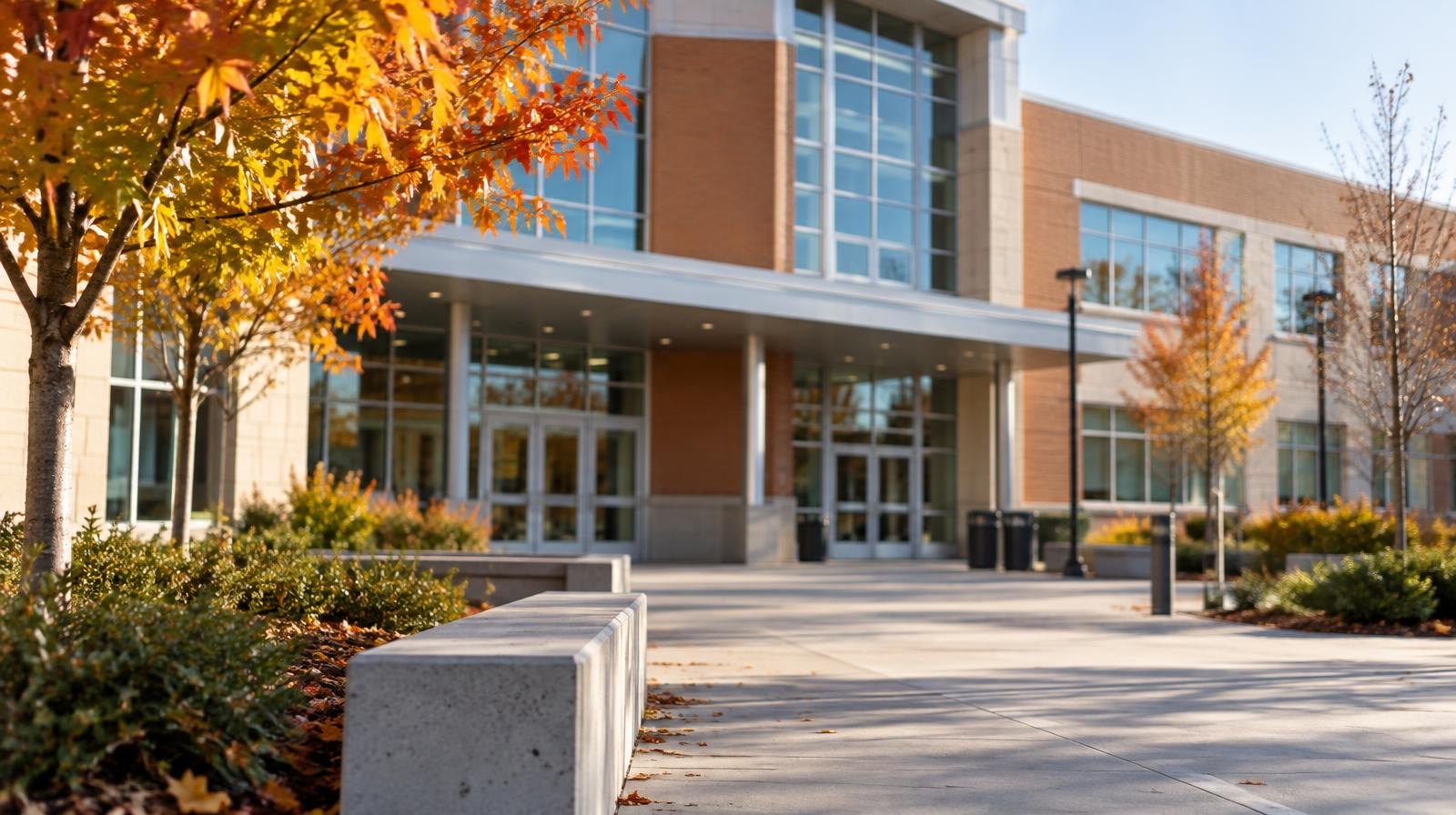 Modern school building exterior with large windows and landscaped entrance.