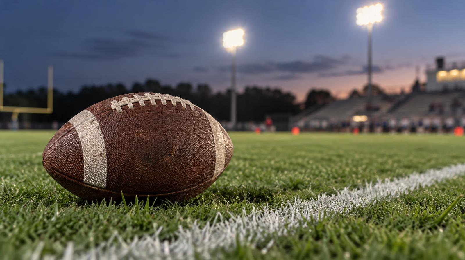 An American football sitting on green grass near a white yard line under evening stadium lights.