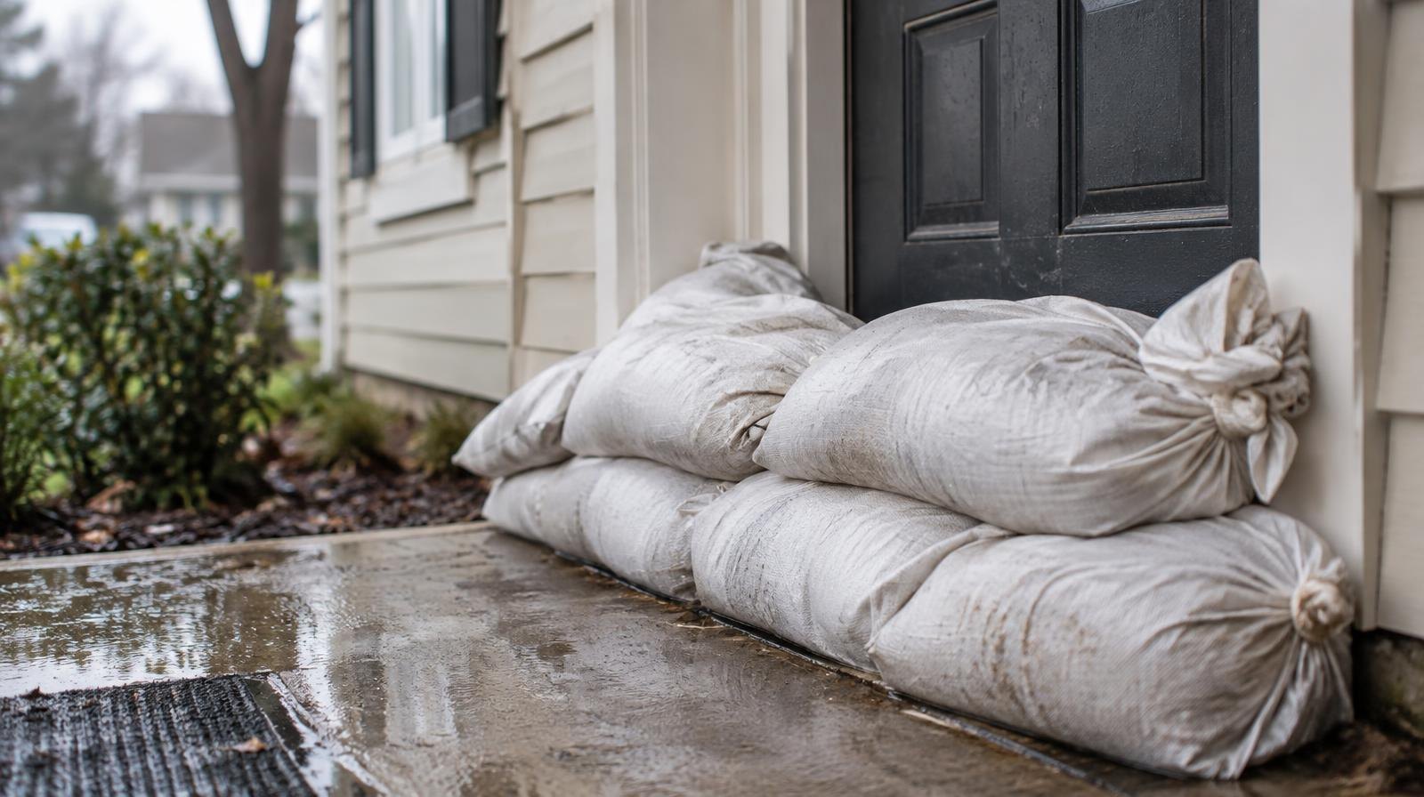 Sandbags stacked in front of a residential doorway as a flood barrier.