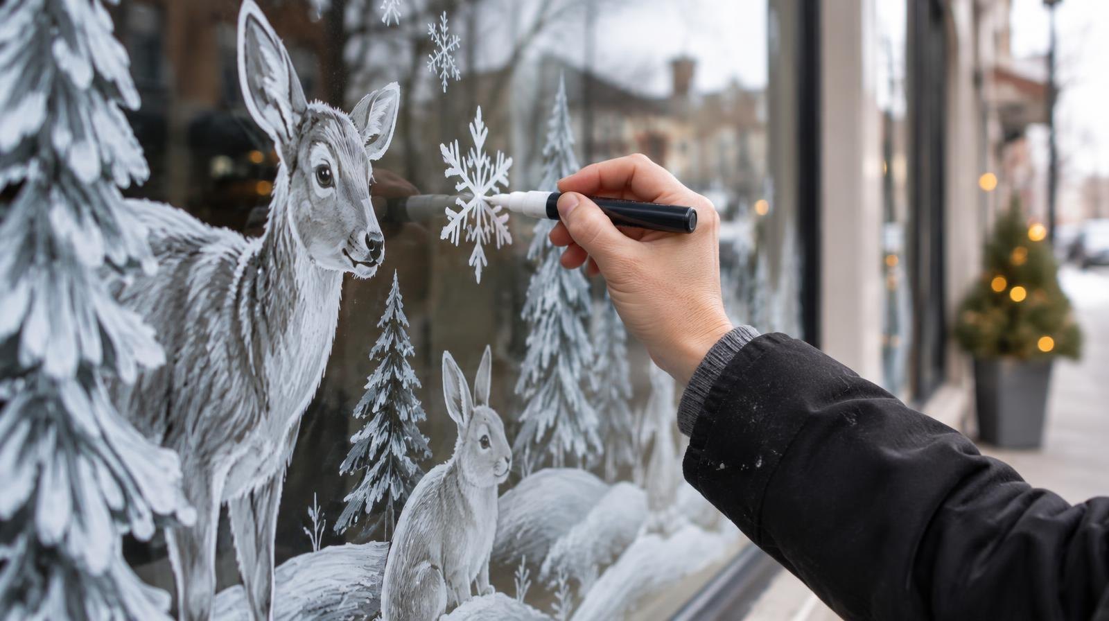 A hand holding a chalk pen draws a snowflake on a large glass storefront window.