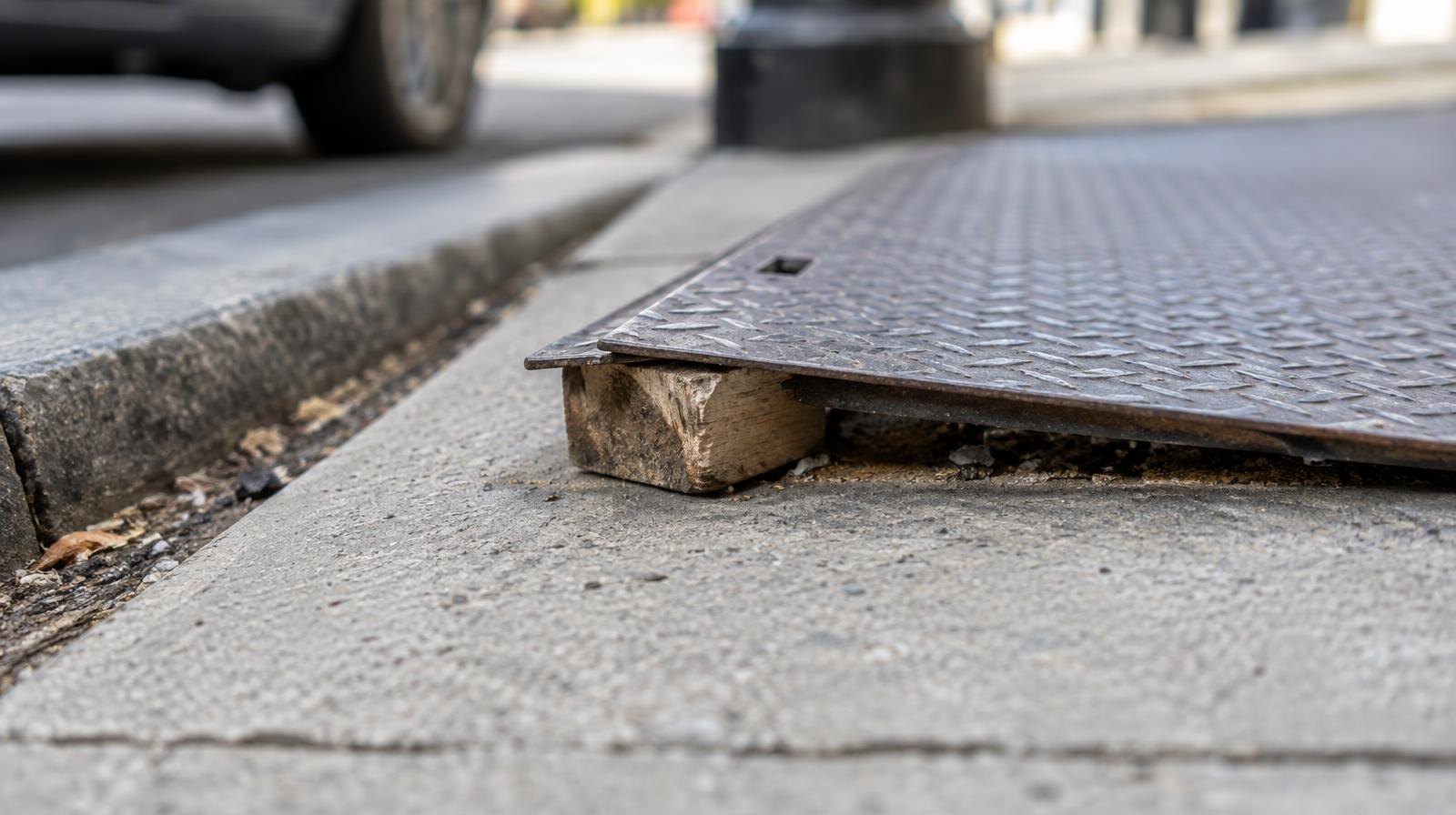 A wooden block sticking out from under a metal utility plate on a sidewalk.
