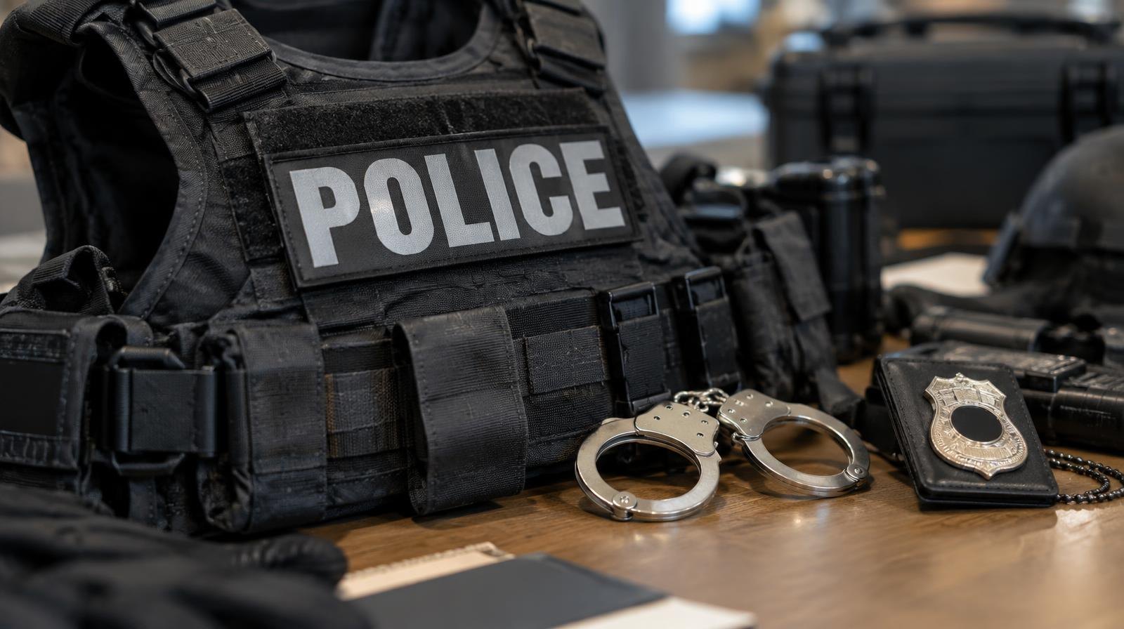 A ballistic vest, handcuffs, and a law enforcement badge arranged on a table.