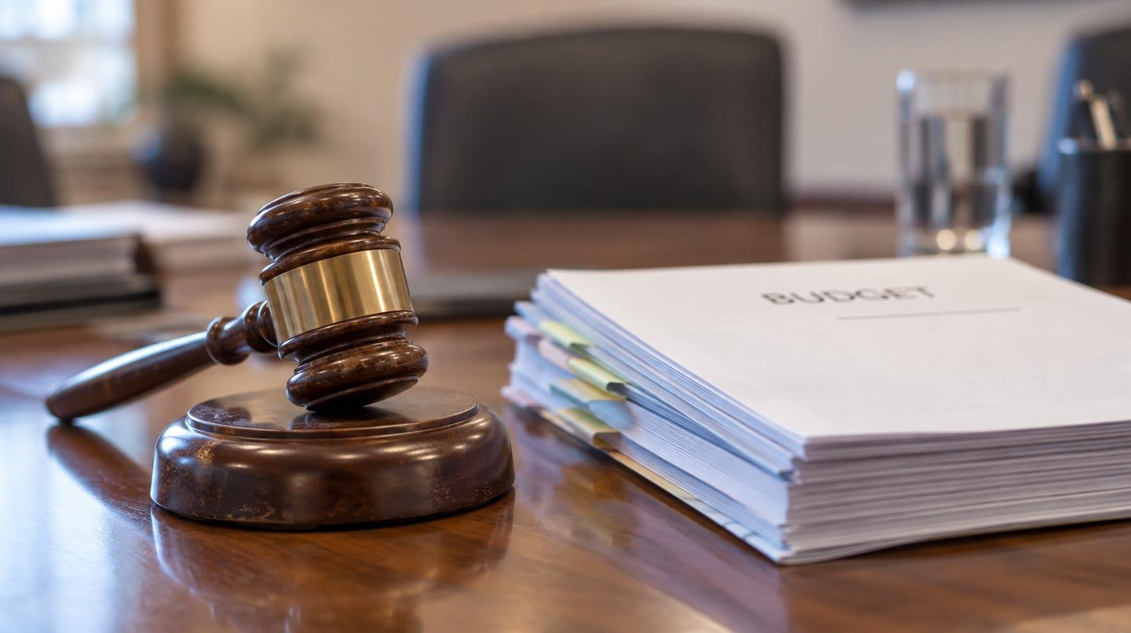 Wooden gavel on its sound block next to stacked documents on a table.