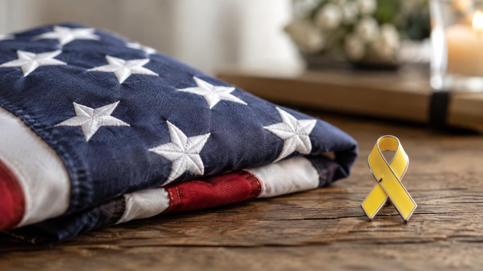 A folded American flag on a wooden surface next to a yellow ribbon pin.