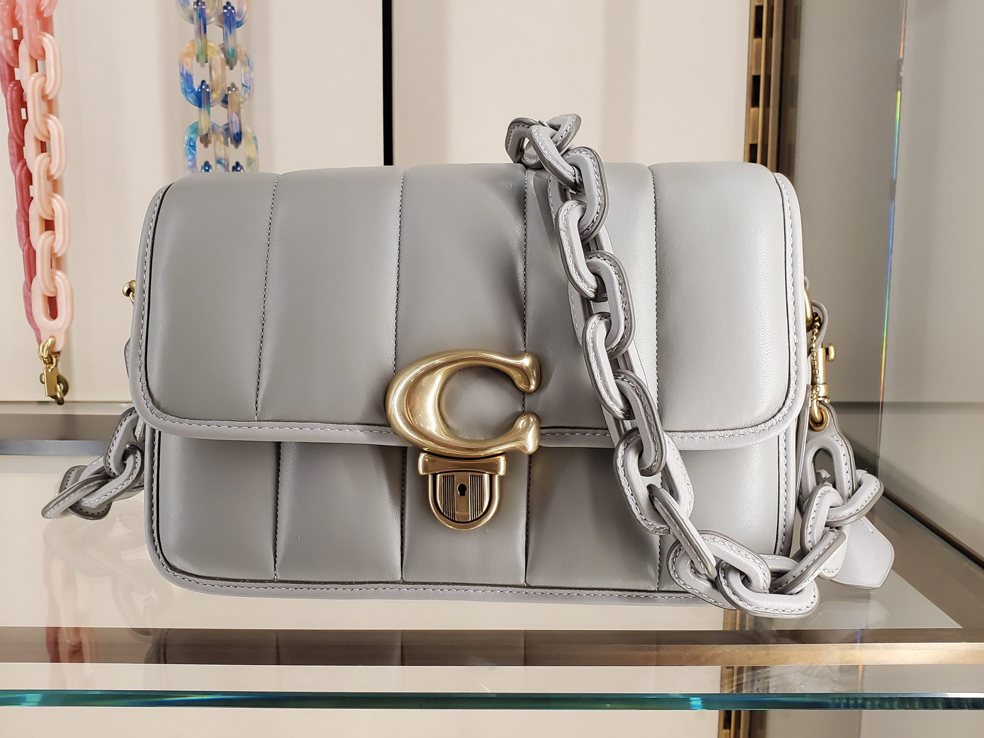 Coach bag on display in store.