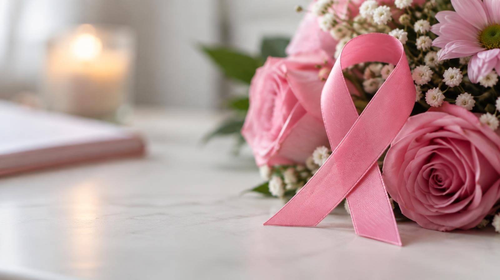 A pink ribbon awareness symbol beside a small bouquet of pink flowers on a white surface.
