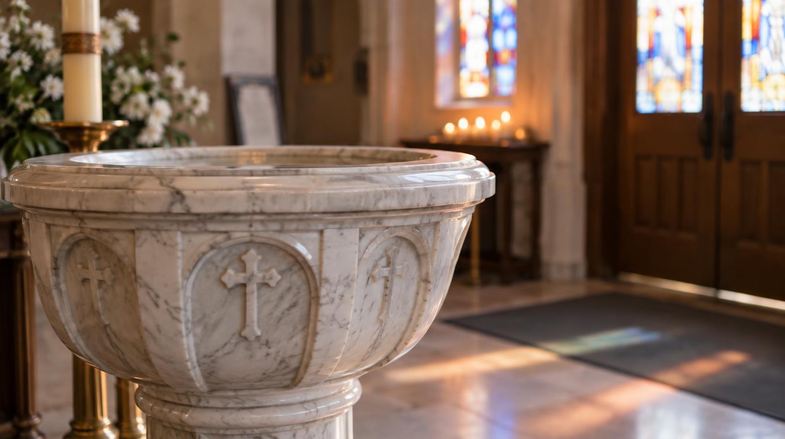 White marble baptismal font inside a church with stained glass light.