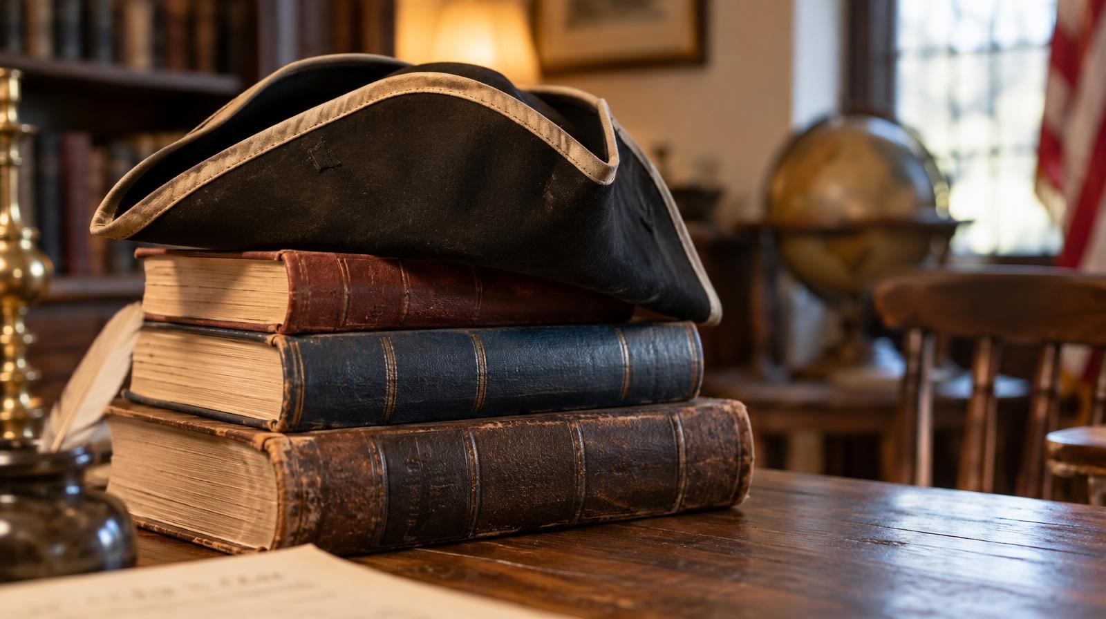 Stack of hardcover books with a tricorn hat resting on top on a wooden table.