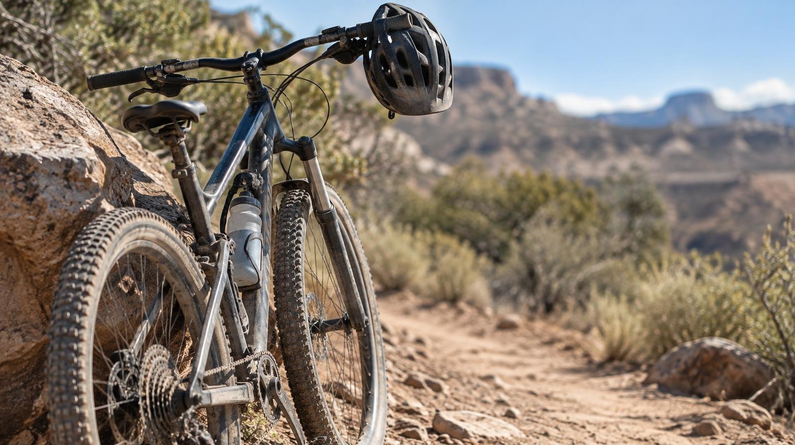 A mountain bike leaning against a boulder on a rocky dirt trail.