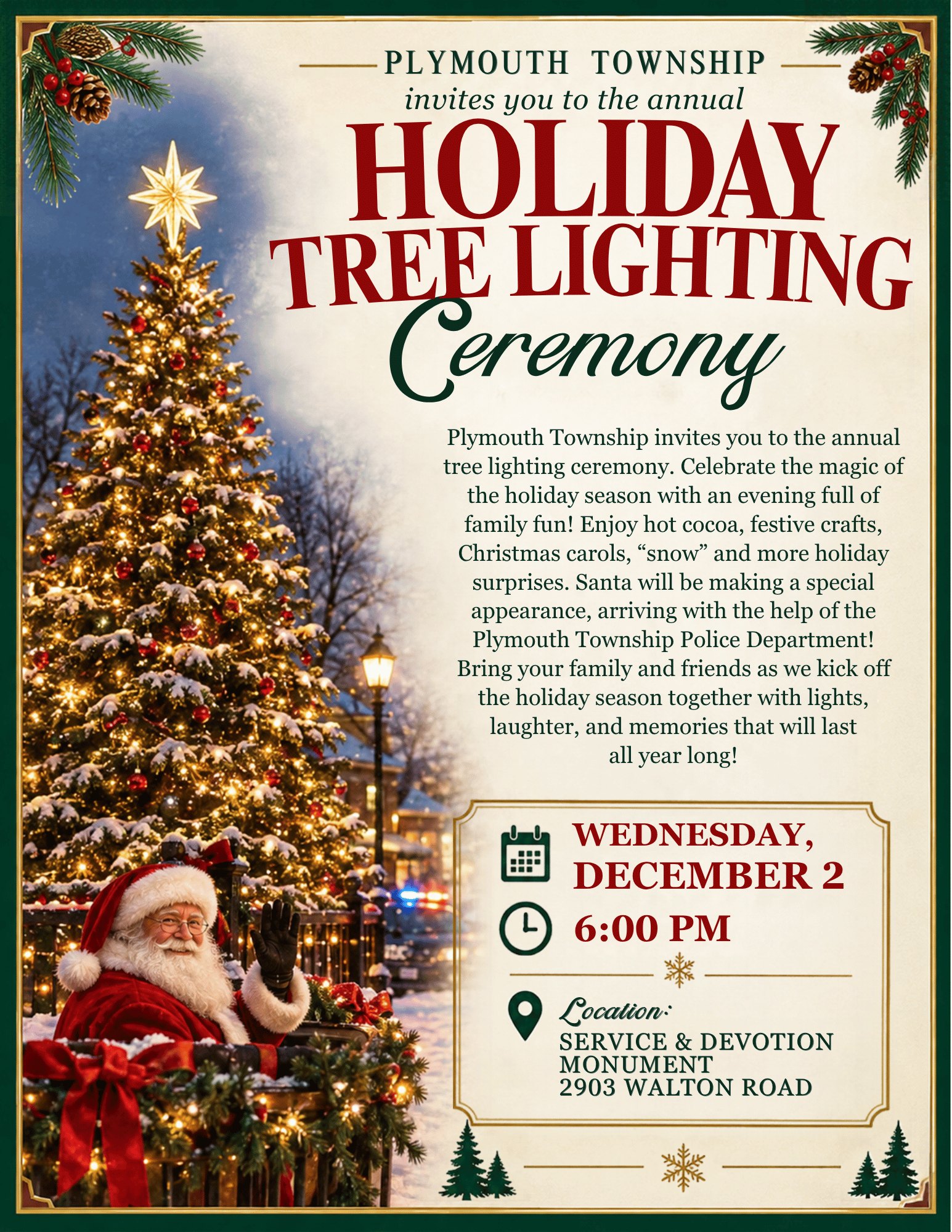 Event flyer showing a decorated Christmas tree and Santa Claus for a holiday tree lighting ceremony.