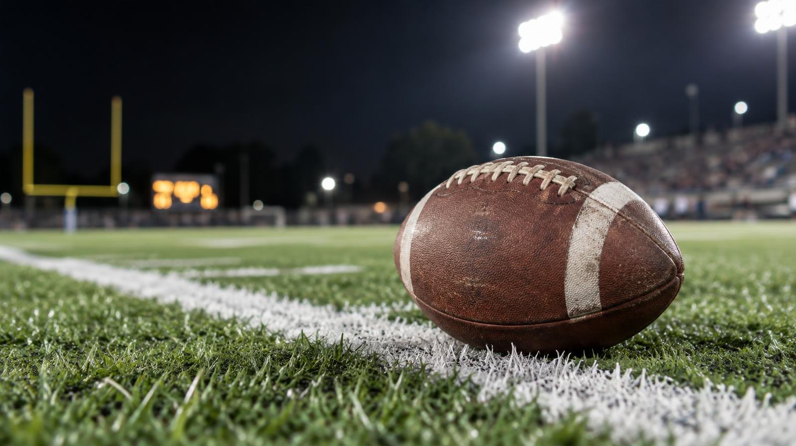 An American football on green turf beside a white yard line under bright stadium lights at night.