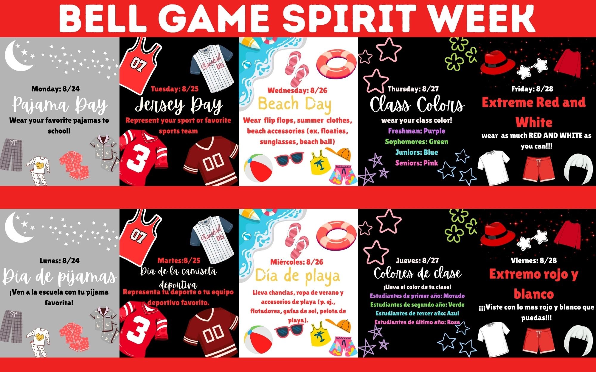 Bilingual flyer listing five themed Spirit Week dress-up days in red, black, and white.