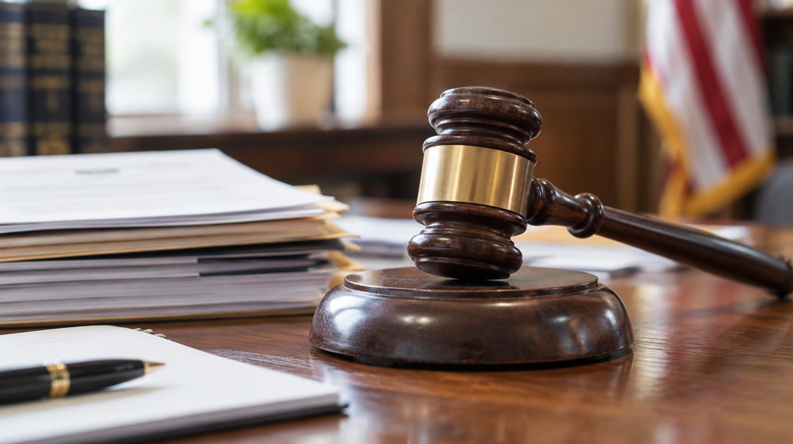 A wooden gavel resting on its sound block beside stacked documents on a table.