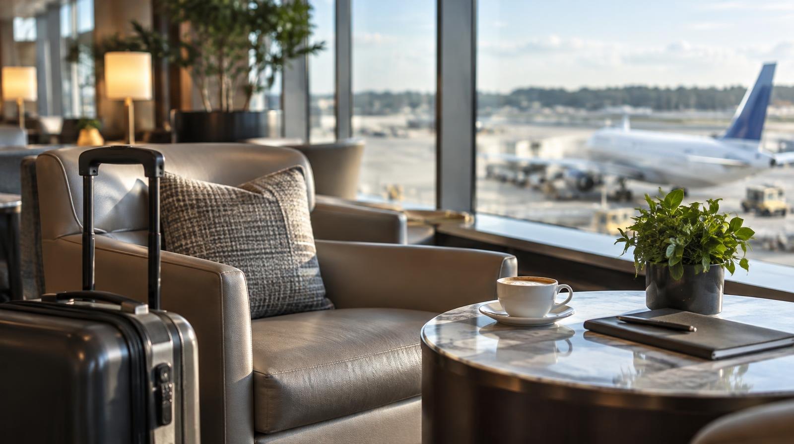 Upscale airport lounge interior with comfortable seating and large windows facing a runway.