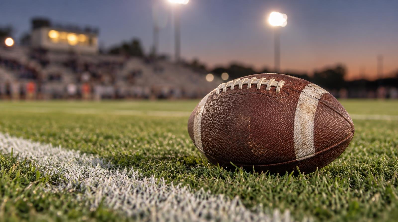 An American football resting on green grass beside a white yard line under evening stadium lights.