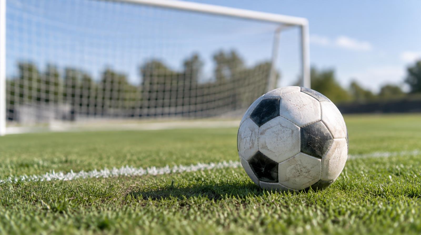 White soccer ball on green grass near a goal net.