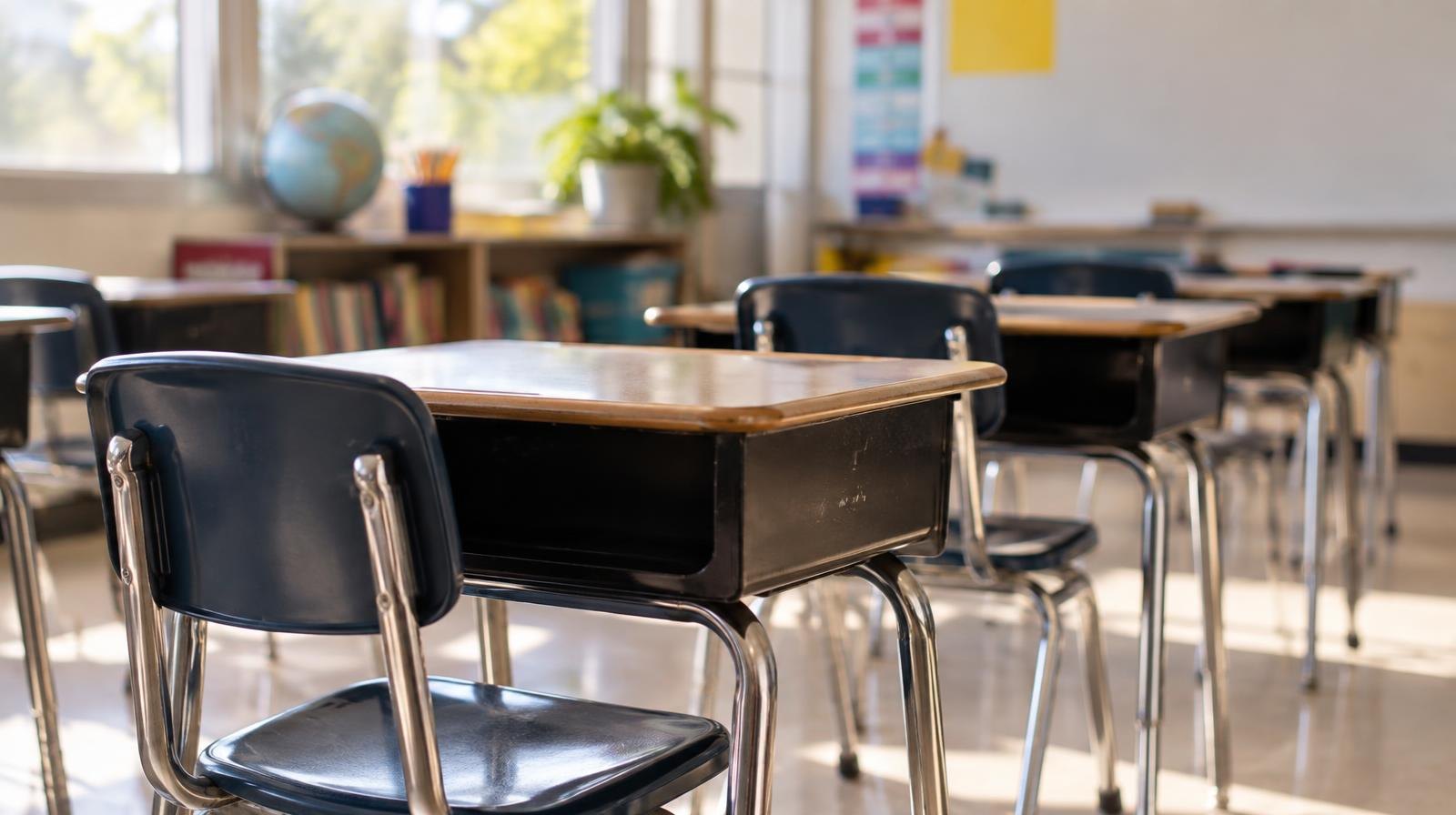 Rows of small empty student desks and chairs in a sunlit elementary school classroom.