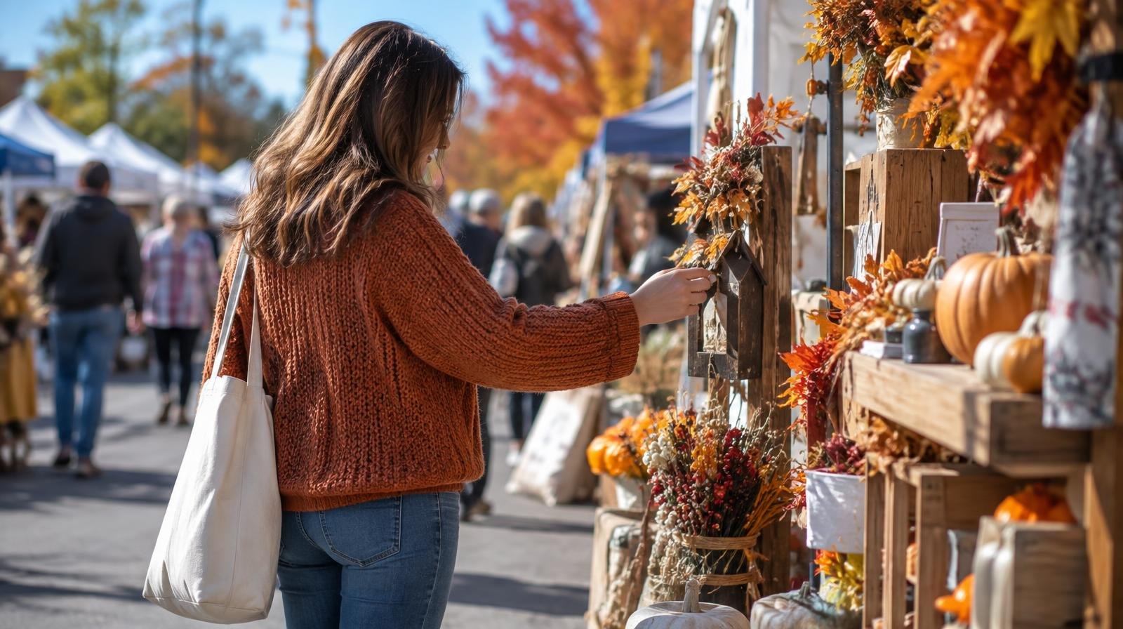 Colorful vendor tents and craft booths lining a closed road on a sunny autumn day.