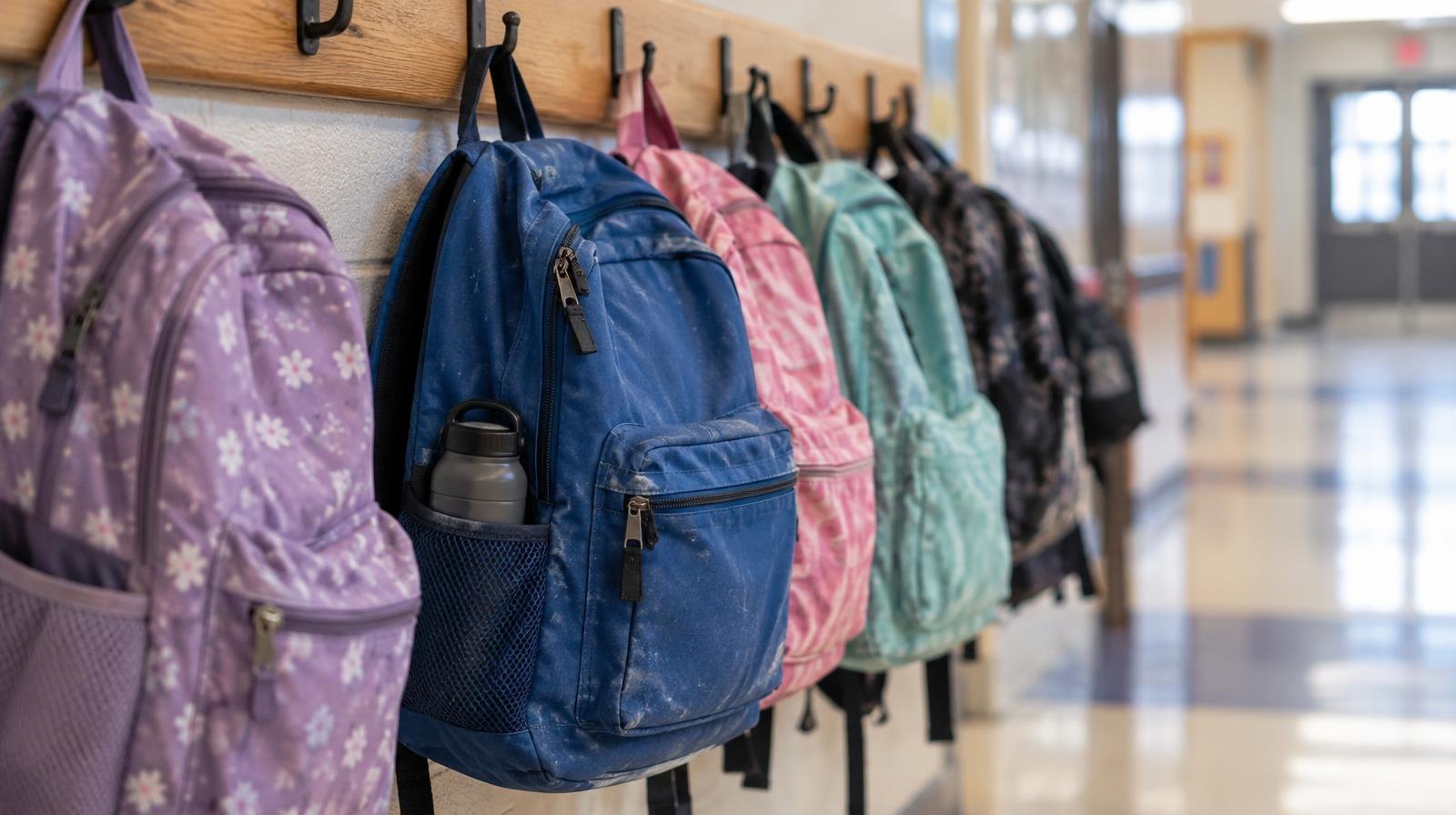 Rows of small colorful backpacks hanging on hooks along a bright school hallway.