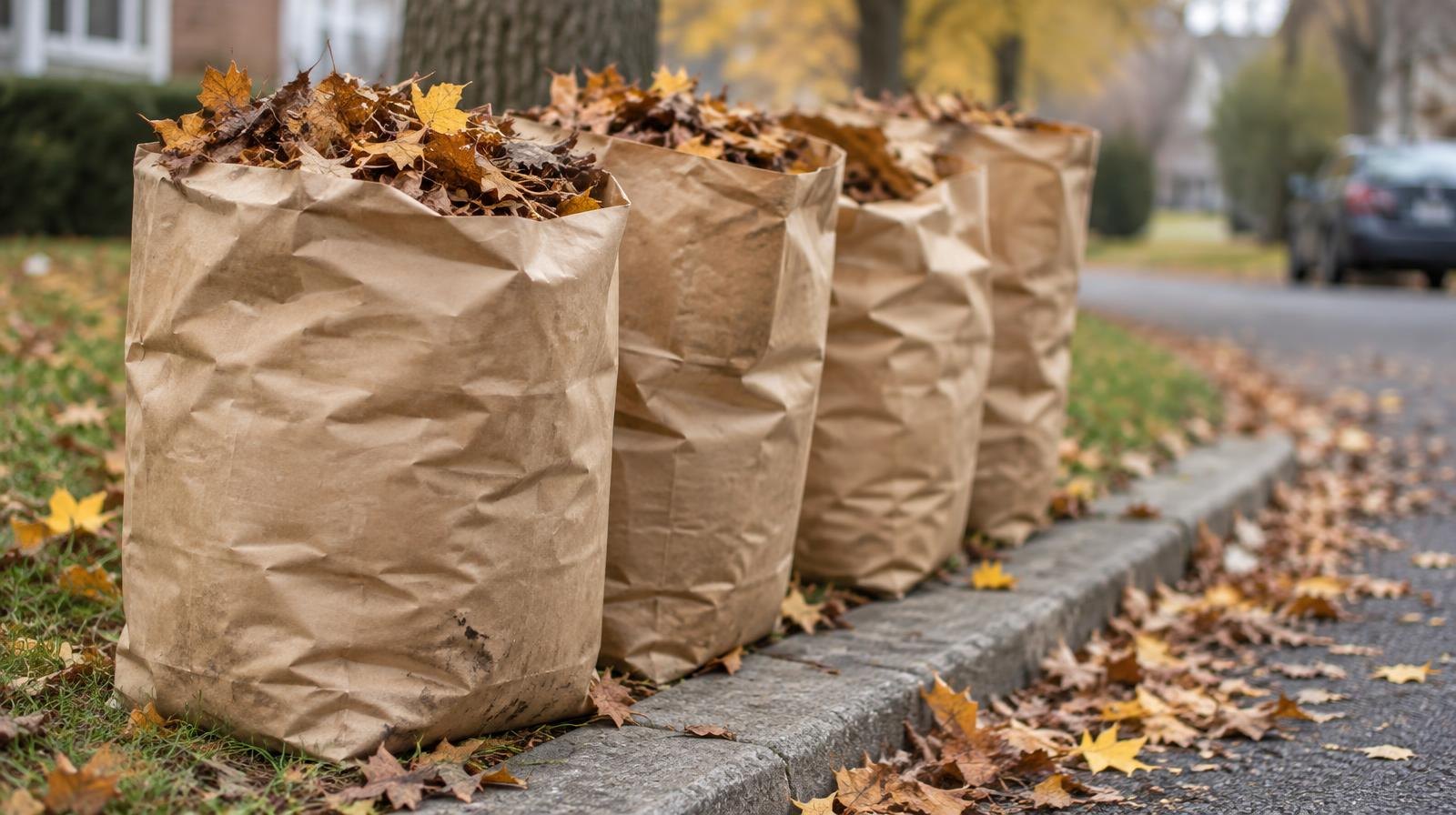 Row of brown paper yard waste bags filled with autumn leaves at a curb