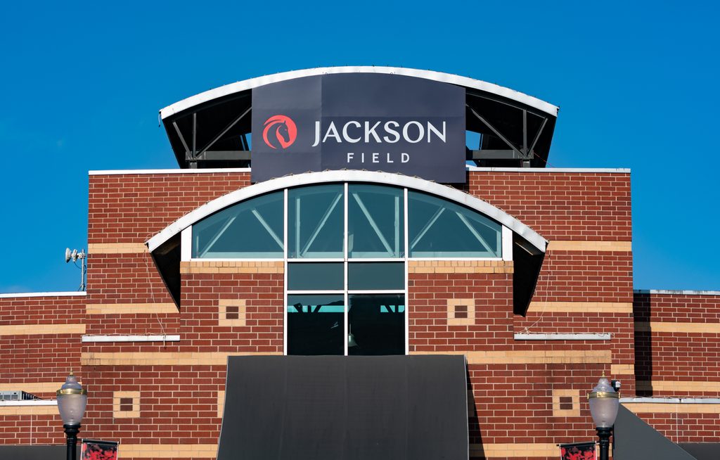 Jackson Field baseball stadium, home to the Lansing Lugnuts minor league baseball team, as seen from Michigan Avenue in Lansing, Michigan.