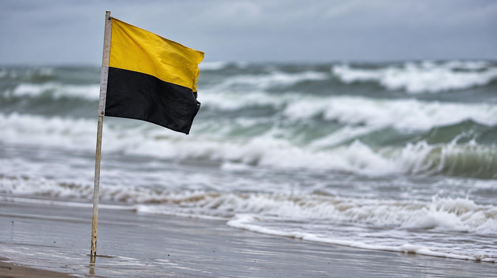 Yellow and black warning flag in wet sand with rough ocean waves behind it.