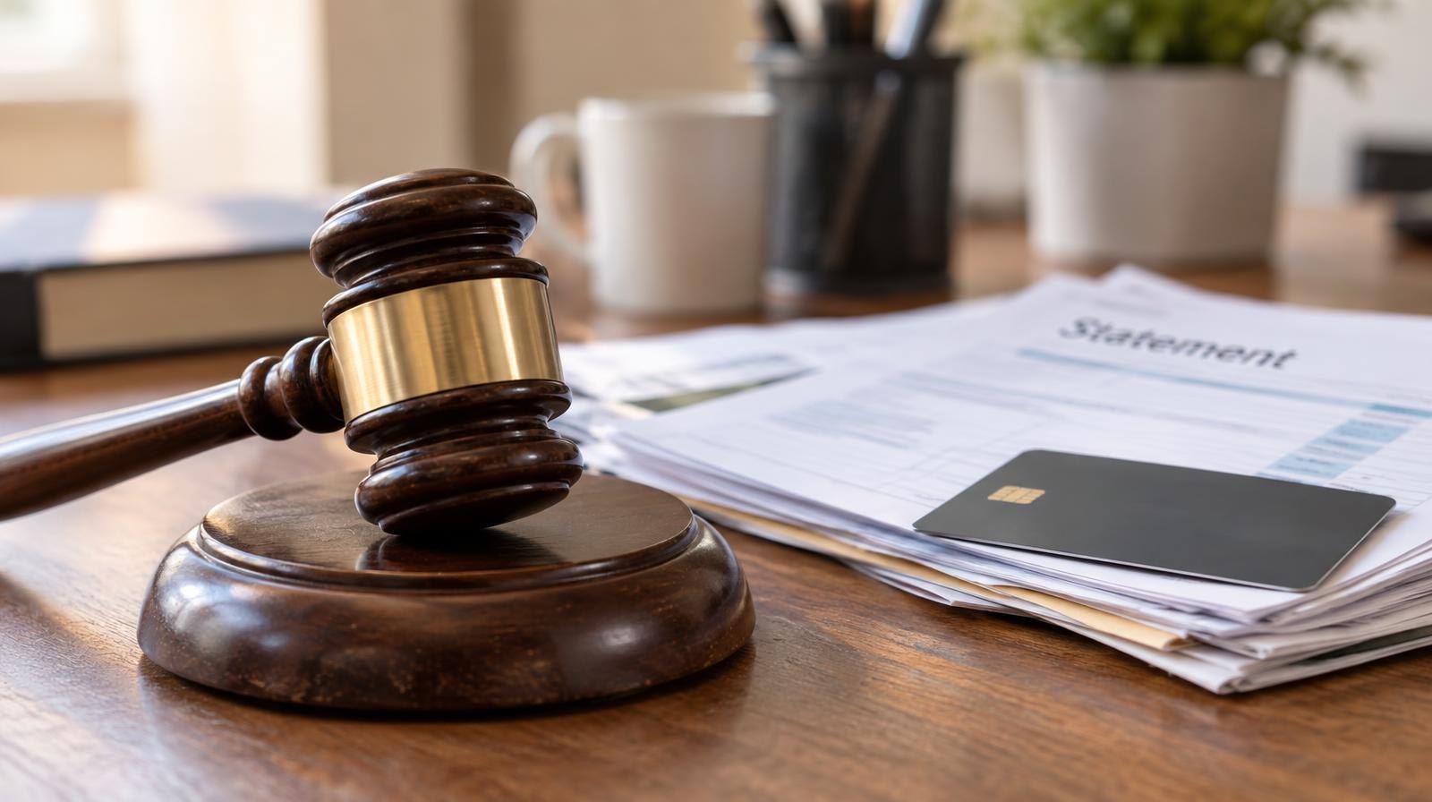 Wooden gavel on its sound block beside a credit card and papers on a desk.