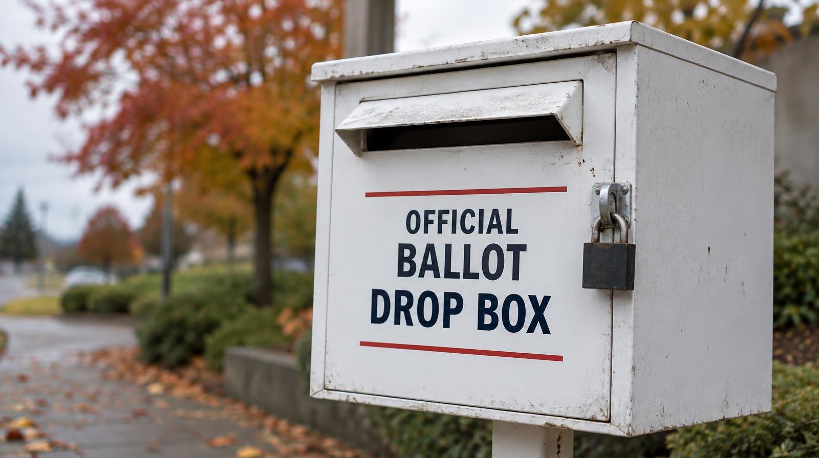 A white official ballot drop box mounted on a post outdoors.