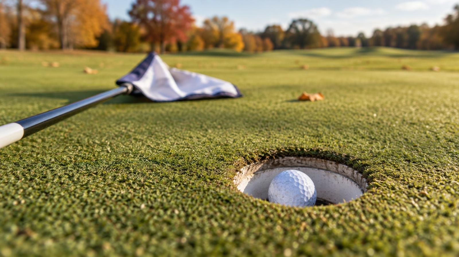 A golf ball sitting in the hole of a putting green with the flagstick lying beside it.