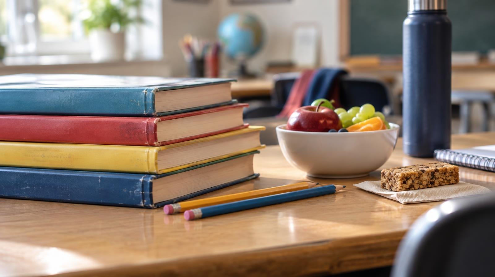 Stack of colorful children's textbooks and pencils beside a bowl of fresh fruit on a wooden desk.