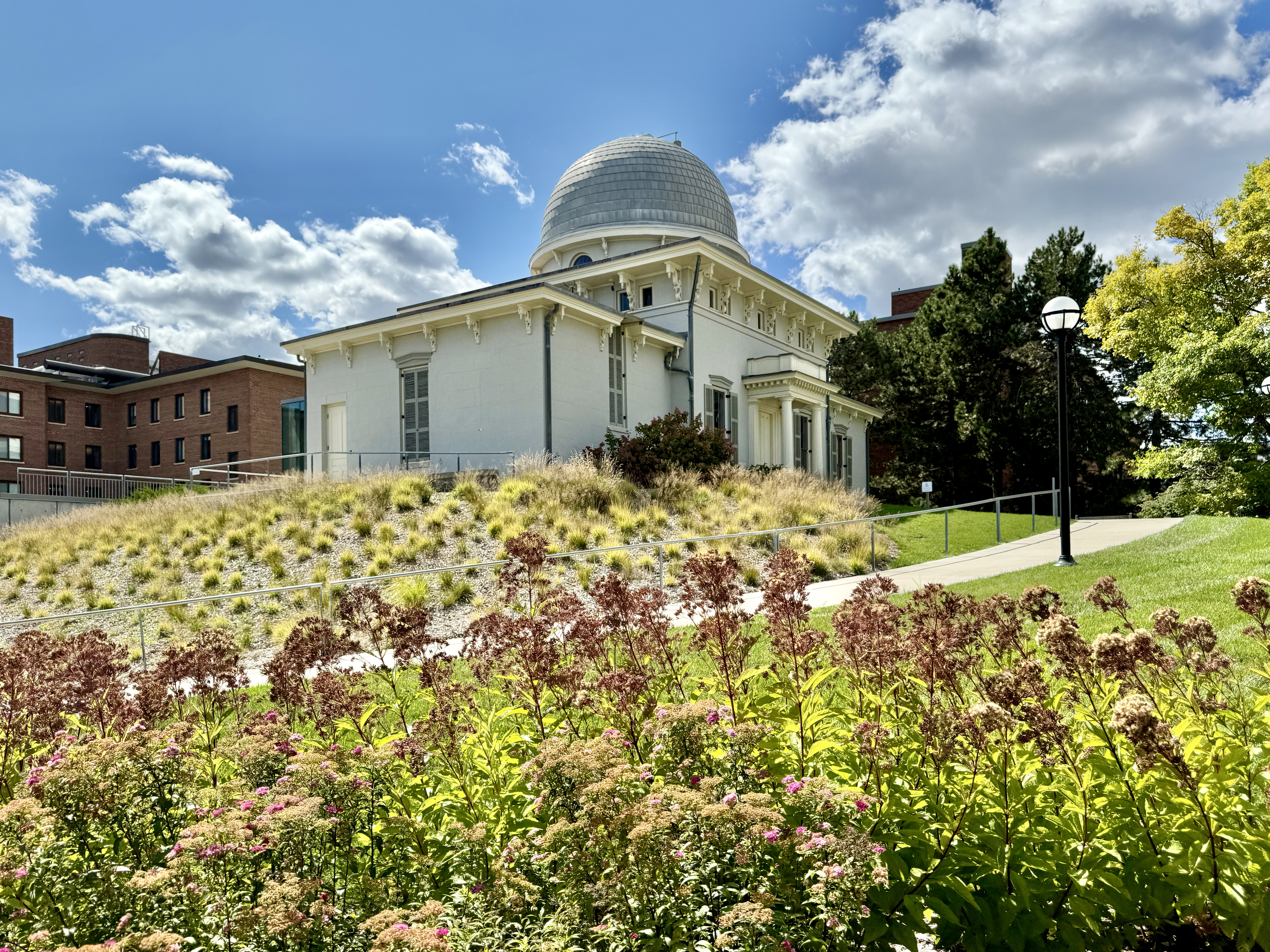 White domed historic building surrounded by wildflowers and ornamental grasses on a sunny day.