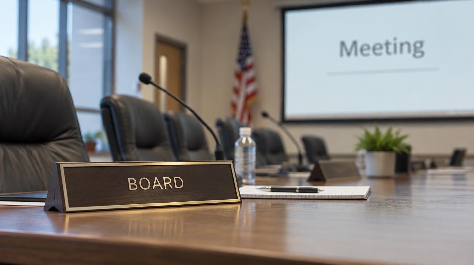 Empty chairs arranged around a long conference table in a meeting room.